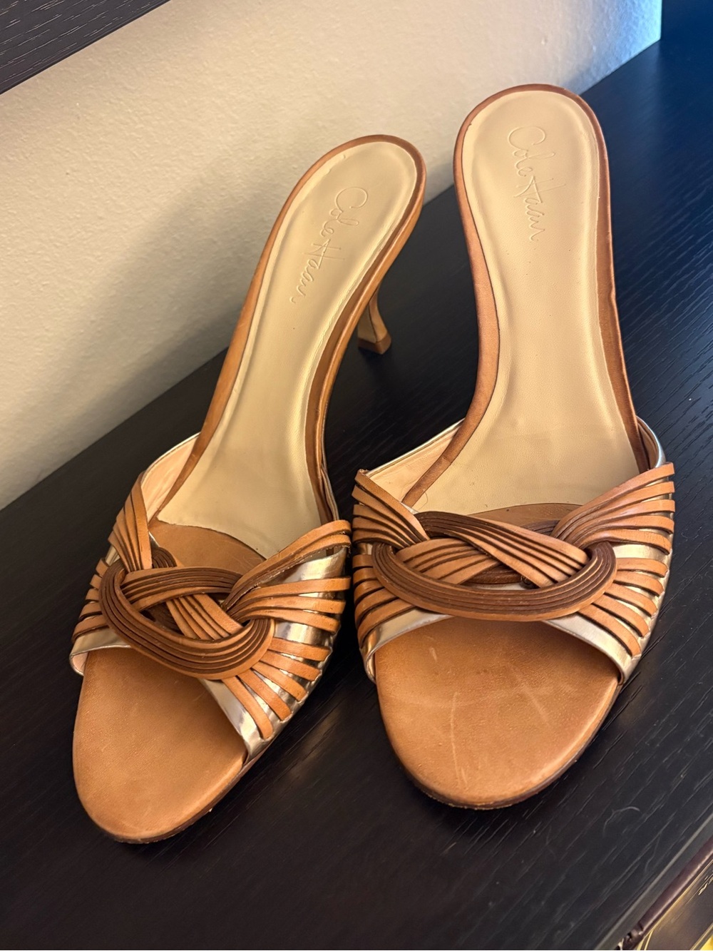 Cole Haan Tan Gold Twisted Knot Strappy Mule Heels Leather Sandals 11B